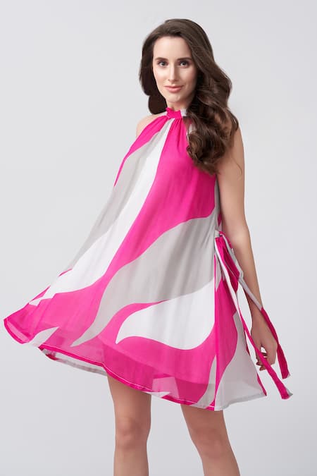 Buy House Of Varada Pink Chiffon Halter Neck Abstract Print Flared Dress Online at Aza Fashions Buy_House Of Varada_Pink Chiffon Halter Neck Abstract Print Flared Dress _Online_at_Aza_Fashions