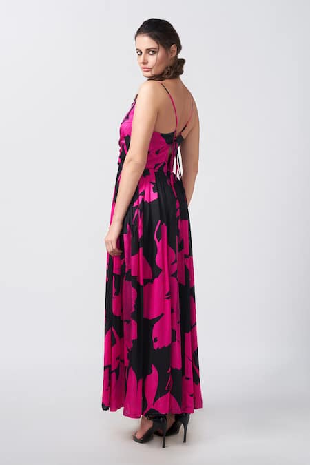 Shop House Of Varada Black Satin V-neck Floral Print Flared Maxi Dress at Aza Fashions Shop_House Of Varada_Black Satin V-neck Floral Print Flared Maxi Dress _at_Aza_Fashions