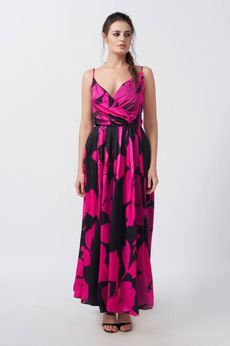 House Of Varada Black Satin V-neck Floral Print Flared Maxi Dress Online at Aza Fashions House Of Varada_Black Satin V-neck Floral Print Flared Maxi Dress _Online_at_Aza_Fashions