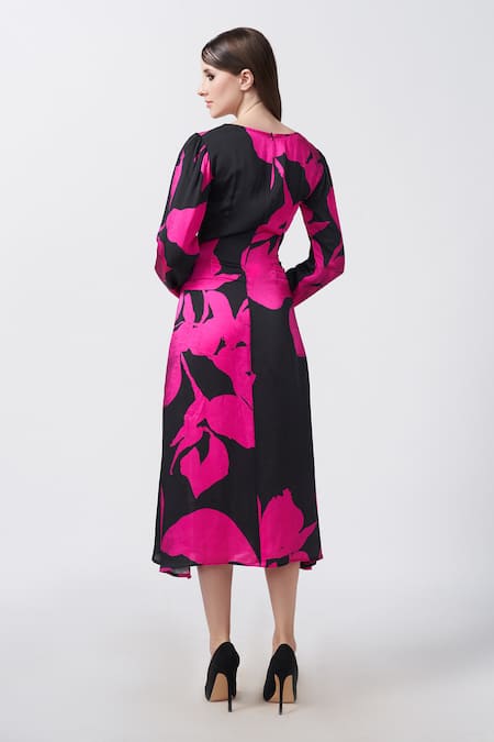 Shop House Of Varada Black Satin V-neck Floral Print Warped Midi Dress at Aza Fashions Shop_House Of Varada_Black Satin V-neck Floral Print Warped Midi Dress _at_Aza_Fashions