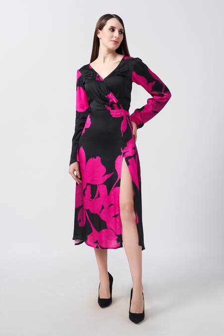 House Of Varada Black Satin V-neck Floral Print Warped Midi Dress Online at Aza Fashions House Of Varada_Black Satin V-neck Floral Print Warped Midi Dress _Online_at_Aza_Fashions