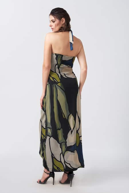 Shop House Of Varada Blue Crepe Halter Neck Abstract Floral Print Wrap Dress at Aza Fashions Shop_House Of Varada_Blue Crepe Halter Neck Abstract Floral Print Wrap Dress _at_Aza_Fashions