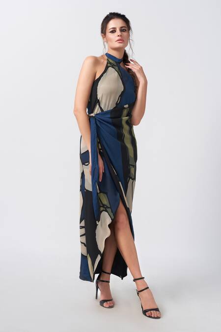 House Of Varada Blue Crepe Halter Neck Abstract Floral Print Wrap Dress Online at Aza Fashions House Of Varada_Blue Crepe Halter Neck Abstract Floral Print Wrap Dress _Online_at_Aza_Fashions