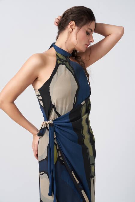 Buy House Of Varada Blue Crepe Halter Neck Abstract Floral Print Wrap Dress Online at Aza Fashions Buy_House Of Varada_Blue Crepe Halter Neck Abstract Floral Print Wrap Dress _Online_at_Aza_Fashions