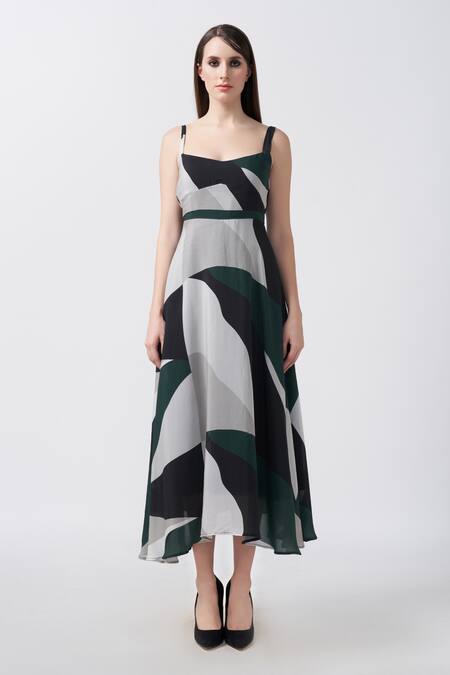 House Of Varada_Black Crepe Square Neck Geometric Abstract Print Midi Dress _Online_at_Aza_Fashions