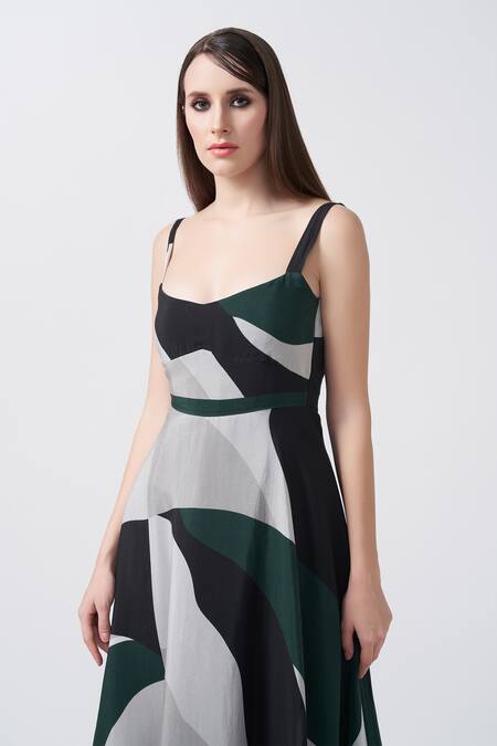 Buy_House Of Varada_Black Crepe Square Neck Geometric Abstract Print Midi Dress _Online_at_Aza_Fashions