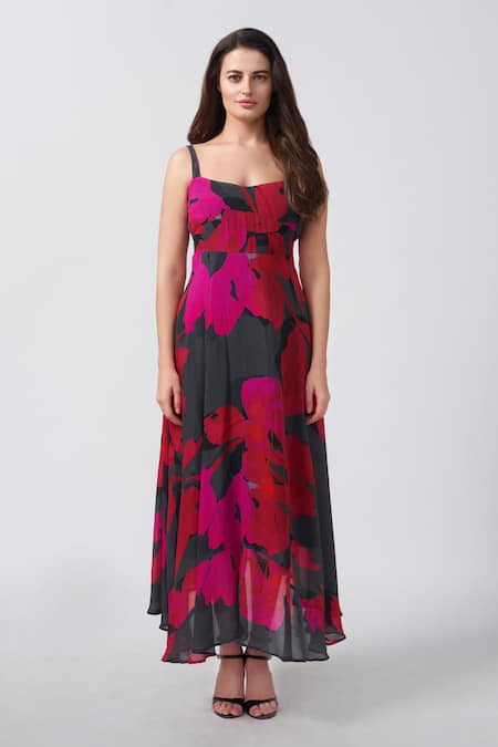 House Of Varada Black Chiffon Square Neck, Collared Floral Print Midi Dress Online at Aza Fashions House Of Varada_Black Chiffon Square Neck, Collared Floral Print Midi Dress _Online_at_Aza_Fashions