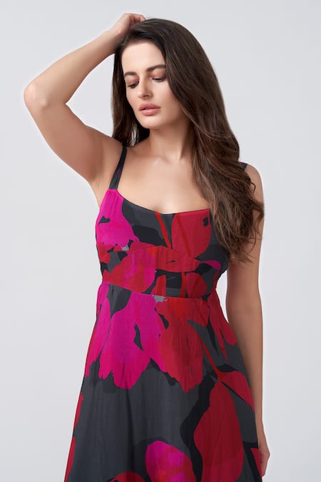 Shop House Of Varada Black Chiffon Square Neck, Collared Floral Print Midi Dress Online at Aza Fashions Shop_House Of Varada_Black Chiffon Square Neck, Collared Floral Print Midi Dress _Online_at_Aza_Fashions