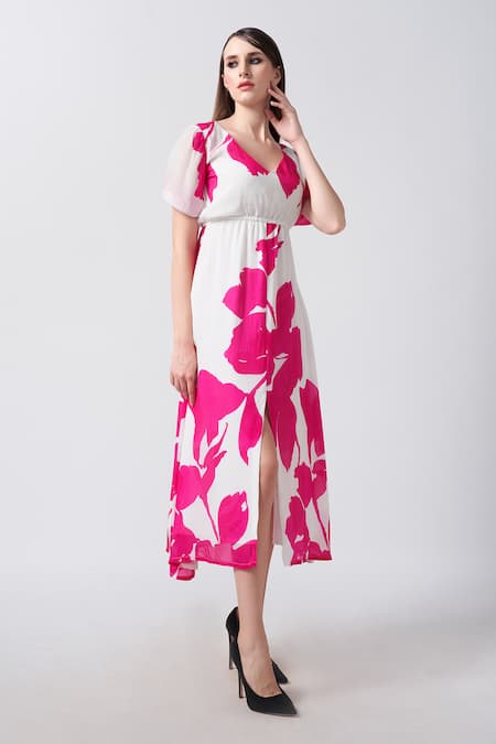 House Of Varada_White Crepe V-neck Flora Print Midi Dress _Online_at_Aza_Fashions