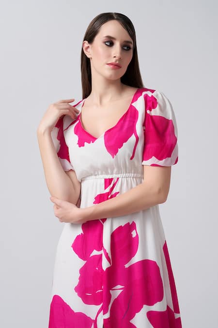 Buy_House Of Varada_White Crepe V-neck Flora Print Midi Dress _Online_at_Aza_Fashions