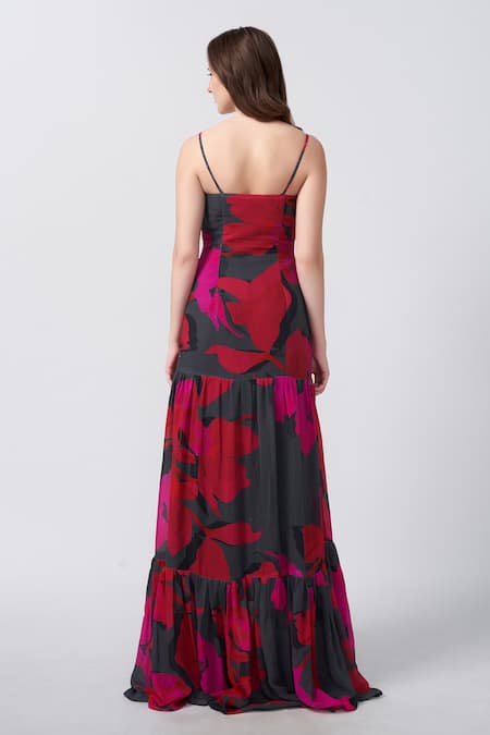 House Of Varada Black Chiffon V-neck Abstract Print Flared Maxi Dress Online at Aza Fashions House Of Varada_Black Chiffon V-neck Abstract Print Flared Maxi Dress _Online_at_Aza_Fashions