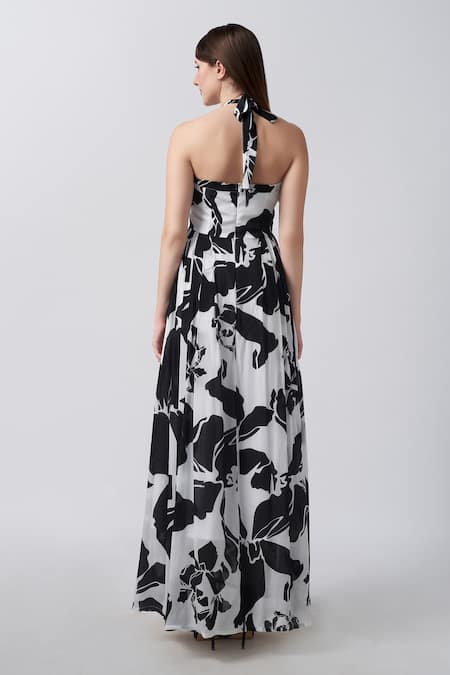 House Of Varada White Crepe Halter Neck Flowery Print Midi Dress Online at Aza Fashions House Of Varada_White Crepe Halter Neck Flowery Print Midi Dress _Online_at_Aza_Fashions
