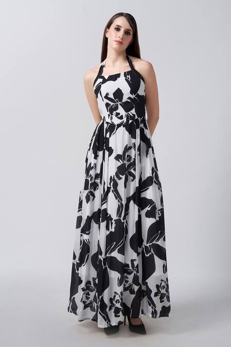 Buy House Of Varada White Crepe Halter Neck Flowery Print Midi Dress Online at Aza Fashions Buy_House Of Varada_White Crepe Halter Neck Flowery Print Midi Dress _Online_at_Aza_Fashions