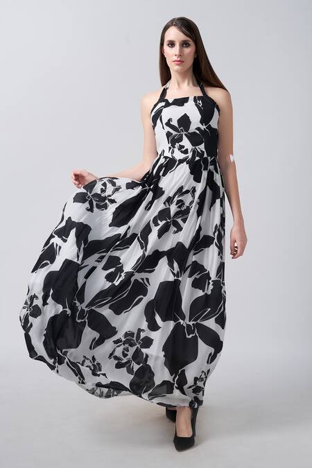 Shop House Of Varada White Crepe Halter Neck Flowery Print Midi Dress Online at Aza Fashions Shop_House Of Varada_White Crepe Halter Neck Flowery Print Midi Dress _Online_at_Aza_Fashions