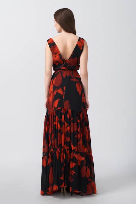 House Of Varada Black Chiffon V-neck Floral Print Tiered Gathered Dress Online at Aza Fashions House Of Varada_Black Chiffon V-neck Floral Print Tiered Gathered Dress _Online_at_Aza_Fashions