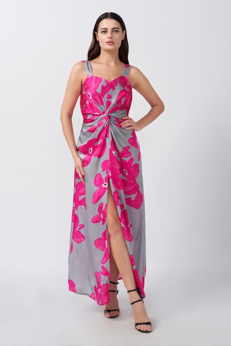 House of Varada Orchid Print Front Knot Maxi Dress 