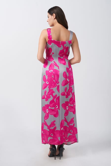 Shop House Of Varada Grey Modal, Satin Sweetheart Neck Orchid Print Front Knot Maxi Dress at Aza Fashions Shop_House Of Varada_Grey Modal, Satin Sweetheart Neck Orchid Print Front Knot Maxi Dress _at_Aza_Fashions