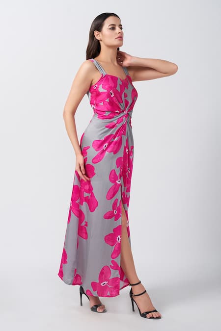 House Of Varada Grey Modal, Satin Sweetheart Neck Orchid Print Front Knot Maxi Dress Online at Aza Fashions House Of Varada_Grey Modal, Satin Sweetheart Neck Orchid Print Front Knot Maxi Dress _Online_at_Aza_Fashions