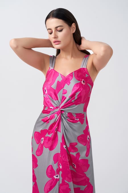 Buy House Of Varada Grey Modal, Satin Sweetheart Neck Orchid Print Front Knot Maxi Dress Online at Aza Fashions Buy_House Of Varada_Grey Modal, Satin Sweetheart Neck Orchid Print Front Knot Maxi Dress _Online_at_Aza_Fashions