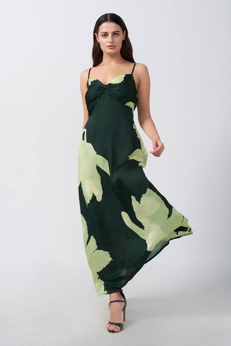 House Of Varada_Green Modal, Satin Sweetheart Neck Lily Print Ruched Front Maxi Dress _Online_at_Aza_Fashions