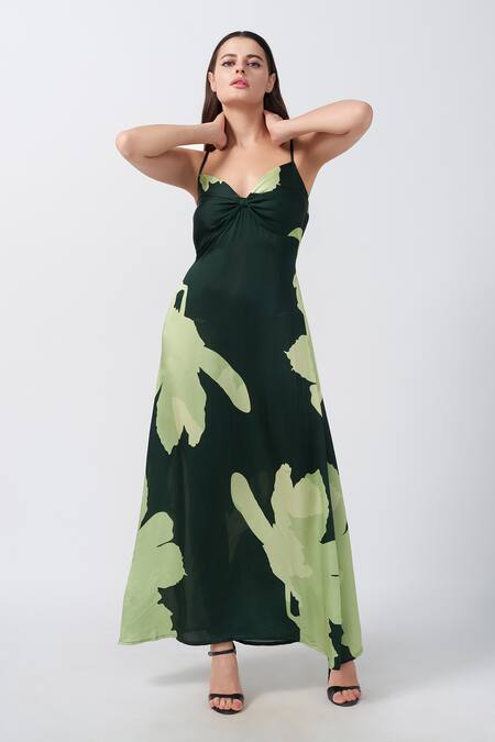 Buy_House Of Varada_Green Modal, Satin Sweetheart Neck Lily Print Ruched Front Maxi Dress _Online_at_Aza_Fashions