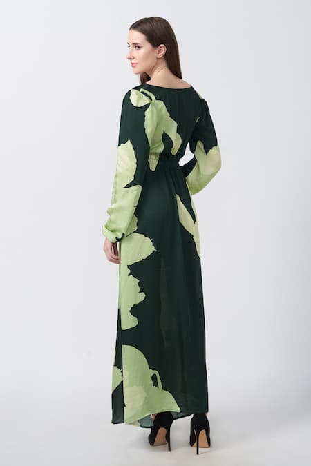 Shop House Of Varada Green Modal, Satin V-neck Lily Print Twisted Front Knot Maxi Dress at Aza Fashions Shop_House Of Varada_Green Modal, Satin V-neck Lily Print Twisted Front Knot Maxi Dress _at_Aza_Fashions