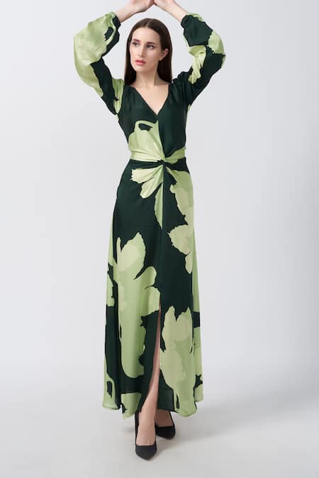 House Of Varada Green Modal, Satin V-neck Lily Print Twisted Front Knot Maxi Dress Online at Aza Fashions House Of Varada_Green Modal, Satin V-neck Lily Print Twisted Front Knot Maxi Dress _Online_at_Aza_Fashions
