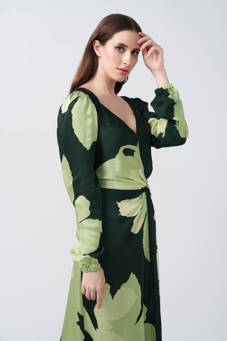 Buy House Of Varada Green Modal, Satin V-neck Lily Print Twisted Front Knot Maxi Dress Online at Aza Fashions Buy_House Of Varada_Green Modal, Satin V-neck Lily Print Twisted Front Knot Maxi Dress _Online_at_Aza_Fashions