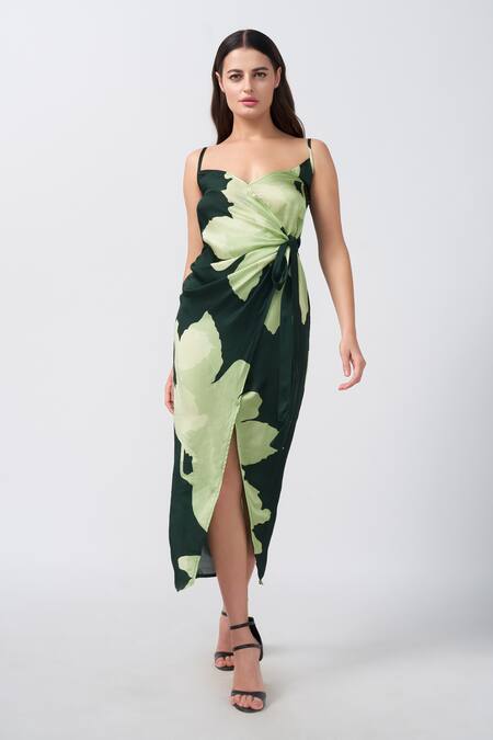 House Of Varada_Green Modal, Satin Sweetheart Neck Lily Print Midi Wrap Dress _Online_at_Aza_Fashions