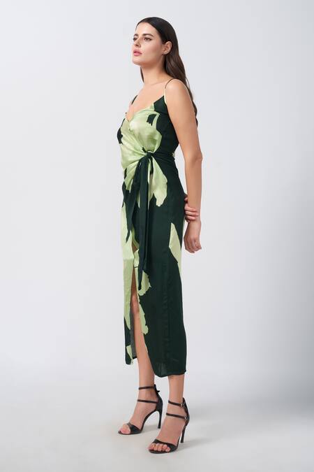 Buy_House Of Varada_Green Modal, Satin Sweetheart Neck Lily Print Midi Wrap Dress _Online_at_Aza_Fashions