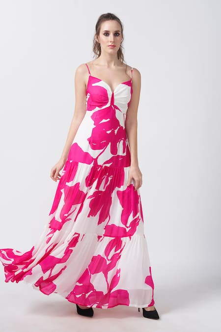 House of Varada Peony Print Front Ruched Tiered Maxi Dress 