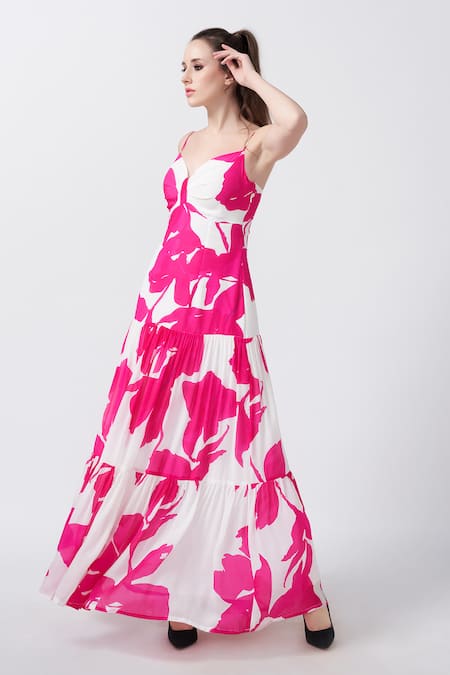 House Of Varada_Pink Crepe Sweetheart Neck Peony Print Front Ruched Tiered Maxi Dress _Online_at_Aza_Fashions