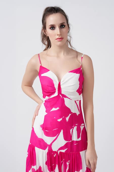 Shop_House Of Varada_Pink Crepe Sweetheart Neck Peony Print Front Ruched Tiered Maxi Dress _Online_at_Aza_Fashions