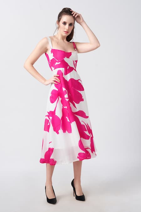 House Of Varada_Pink Crepe Sweetheart Neck Peony Bloom Print Midi Dress _Online_at_Aza_Fashions
