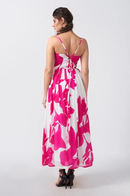 Shop House Of Varada Pink Crepe Sweetheart Neck Peony Bloom Print Gathered Flare Dress at Aza Fashions Shop_House Of Varada_Pink Crepe Sweetheart Neck Peony Bloom Print Gathered Flare Dress _at_Aza_Fashions