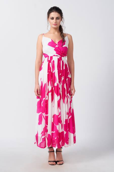 House Of Varada Pink Crepe Sweetheart Neck Peony Bloom Print Gathered Flare Dress Online at Aza Fashions House Of Varada_Pink Crepe Sweetheart Neck Peony Bloom Print Gathered Flare Dress _Online_at_Aza_Fashions