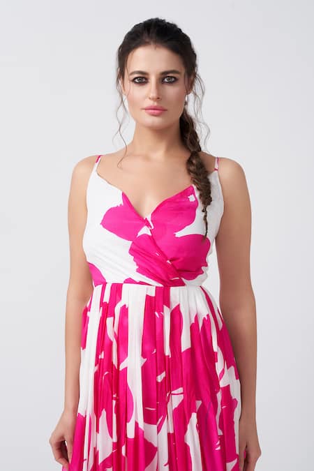 Shop House Of Varada Pink Crepe Sweetheart Neck Peony Bloom Print Gathered Flare Dress Online at Aza Fashions Shop_House Of Varada_Pink Crepe Sweetheart Neck Peony Bloom Print Gathered Flare Dress _Online_at_Aza_Fashions