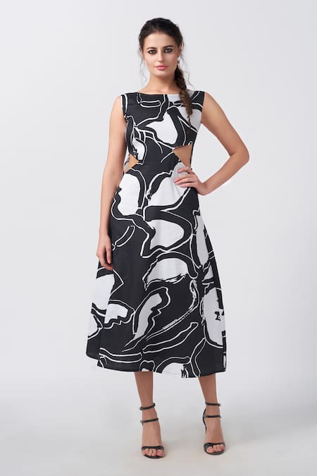 House of Varada Daisy Print Waist Cutout Midi Dress 