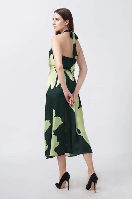 House Of Varada_Green Satin Halter Neck Lily Flora Print Midi Dress _Online_at_Aza_Fashions