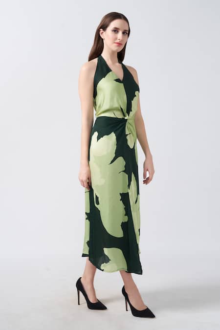 Buy_House Of Varada_Green Satin Halter Neck Lily Flora Print Midi Dress _Online_at_Aza_Fashions