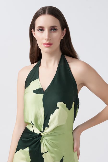 Shop_House Of Varada_Green Satin Halter Neck Lily Flora Print Midi Dress _Online_at_Aza_Fashions
