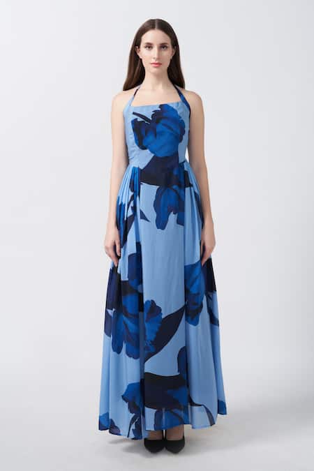 Buy_House Of Varada_Blue Crepe Halter Neck Iris Print Maxi Dress _Online_at_Aza_Fashions