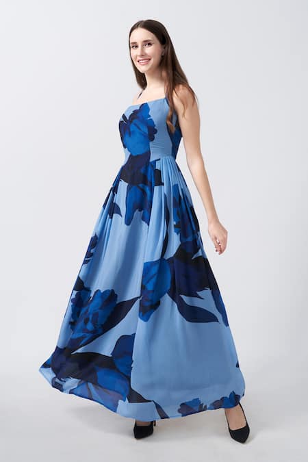 Shop_House Of Varada_Blue Crepe Halter Neck Iris Print Maxi Dress _Online_at_Aza_Fashions
