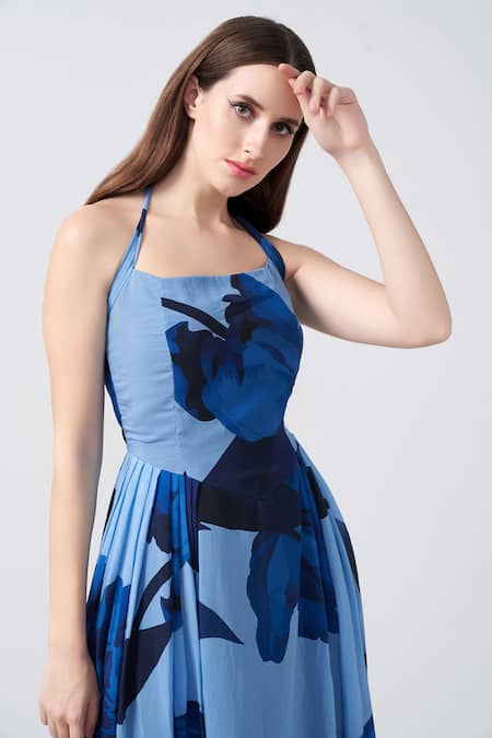 House Of Varada_Blue Crepe Halter Neck Iris Print Maxi Dress _at_Aza_Fashions