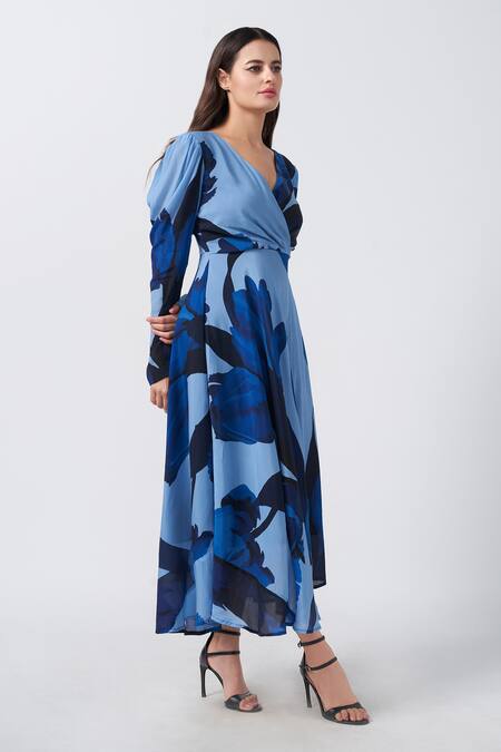 House Of Varada_Blue Crepe V-neck Iris Print Midi Dress _Online_at_Aza_Fashions
