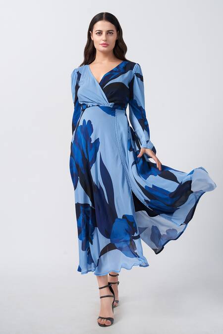 Buy_House Of Varada_Blue Crepe V-neck Iris Print Midi Dress _Online_at_Aza_Fashions