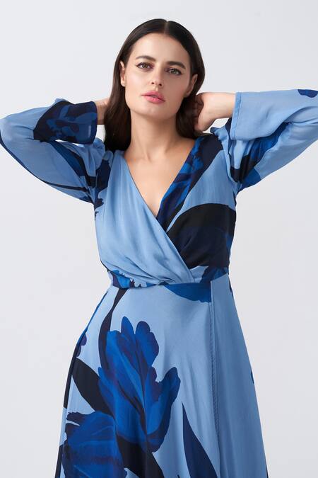 Shop_House Of Varada_Blue Crepe V-neck Iris Print Midi Dress _Online_at_Aza_Fashions