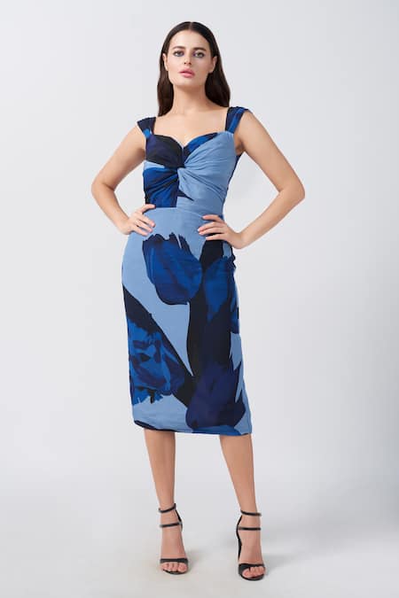 House of Varada Blue Crepe Print Iris Sweetheart Neck Twisted Bodice Midi Dress 