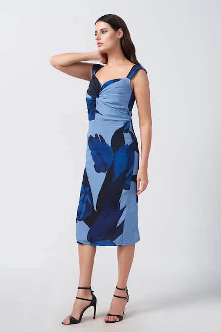 Buy_House Of Varada_Blue Crepe Sweetheart Neck Iris Print Twisted Bodice Midi Dress _Online_at_Aza_Fashions