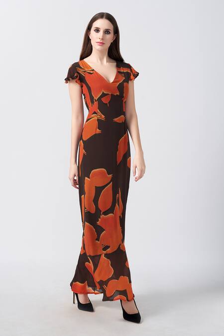 Buy_House Of Varada_Brown Crepe V-neck Ivy Bloom Print Maxi Dress _Online_at_Aza_Fashions
